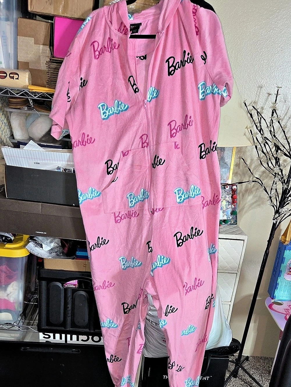 Torrid Barbie Script Hooded Fleece Onesie Pajama Pink & Black Size 1/2 Plus Size